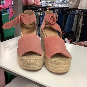 Marc Fisher Pink Suede Espadrille Wedge Sandals with Ankle Buckle